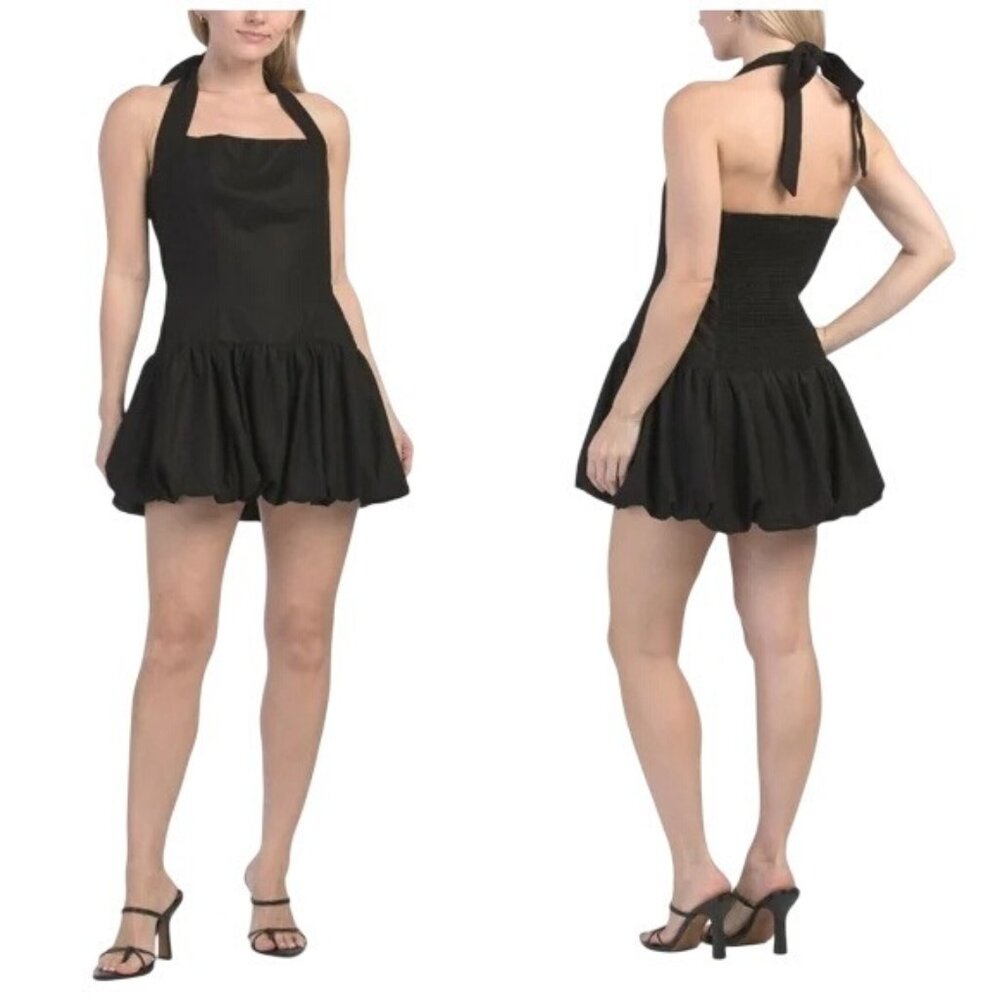 House Of Harlow Black Halter Smocked Linen Blend Bubble Hem Mini Dress Large
